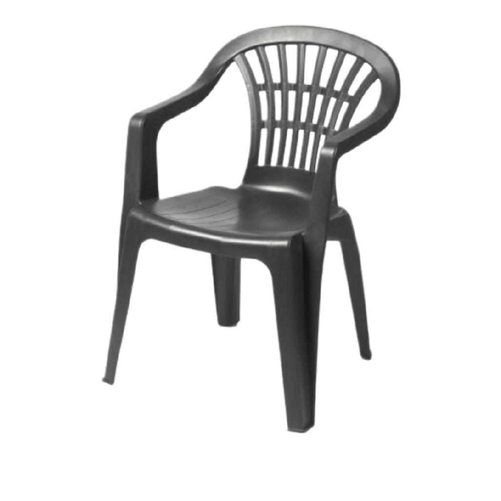 Krzesło plastikowe z oparciem i podłokietnikami - czarne, ergonomiczne.