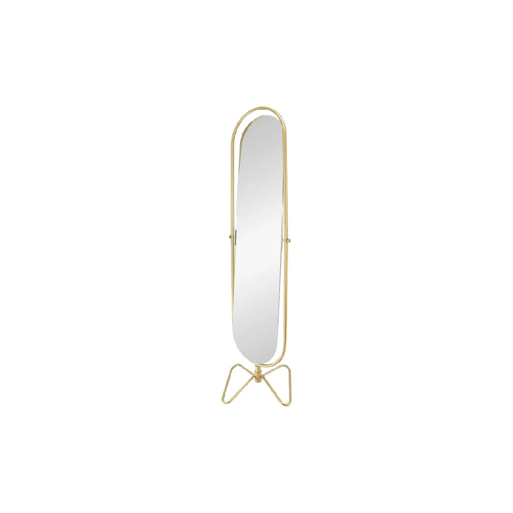 Stojące lustro z wykończeniem ze złotego metalu - elegancki design i nowoczesny styl.